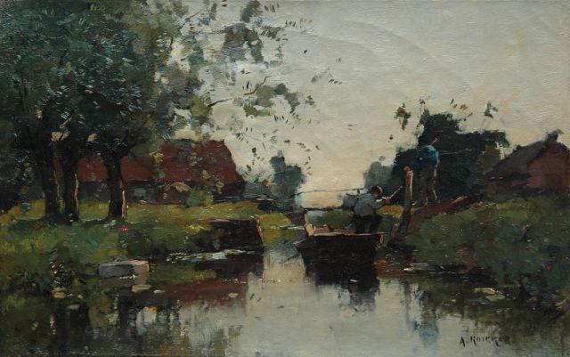 Knikker A.  | Farmers on a boat in polder landscape, oil on canvas 23.3 x 36.5 cm, signed l.r.