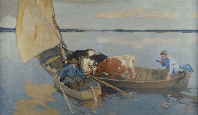 Wenning IJ.H.  | Cross over the cows, oil on canvas 73.8 x 126.1 cm, signed l.r.