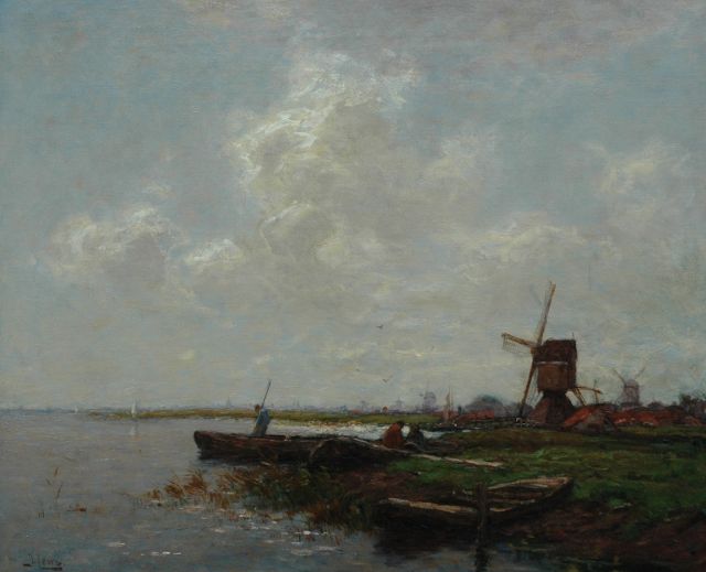Johannes Karel Leurs | Polder landscape with boats and a windmill, oil on canvas, 65.6 x 80.4 cm, signed l.l.