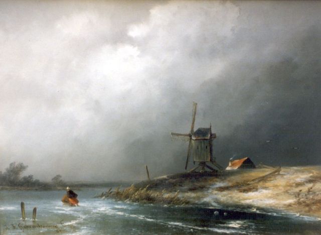 John Franciscus Hoppenbrouwers | A skater on a frozen waterway, oil on panel, 23.0 x 31.2 cm, signed l.l.