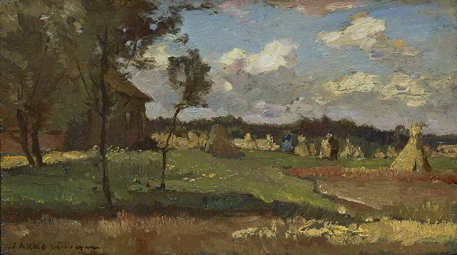 Johannes Evert Akkeringa | Harvest time, oil on panel, 12.5 x 22.0 cm, signed l.l.