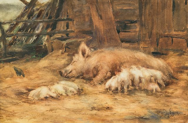John Hulk jr. | Sow and piglets, watercolour on paper, 30.9 x 46.7 cm, signed l.r.