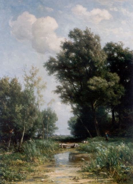 Borselen J.W. van | A polder landscape with a hunter and dog, oil on canvas 101.0 x 74.0 cm, signed l.r.