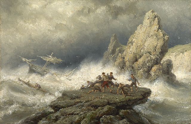 Jan H.B. Koekkoek | Shipwreck near the English coast, oil on panel, 33.8 x 52.3 cm, signed l.r. and dated 1881 on label on stretcher