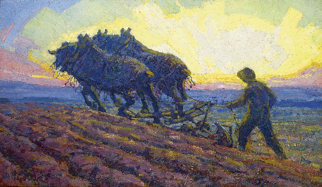 Herman Gouwe | Ploughing horses at dawn, oil on canvas, 48.8 x 82.0 cm, signed l.l. and executed ca. 1916-1918