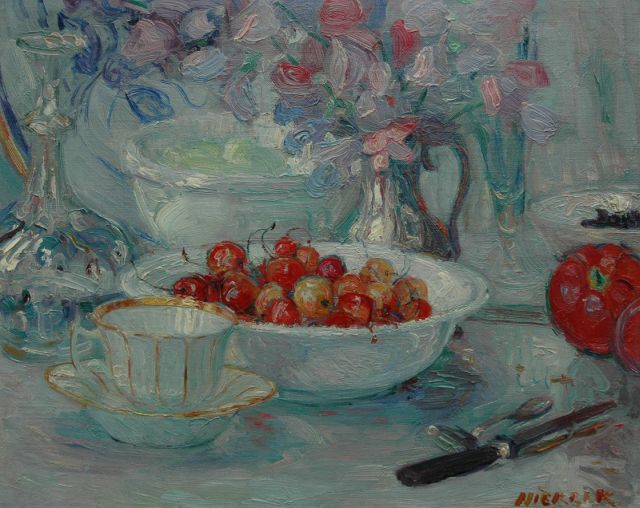 Niekerk M.J.  | A still life with cherries, oil on canvas 35.1 x 43.4 cm, signed l.r.