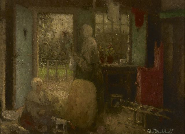 Daalhoff H.A. van | Mother and two children in interior, oil on panel 26.5 x 36.0 cm, signed l.r.