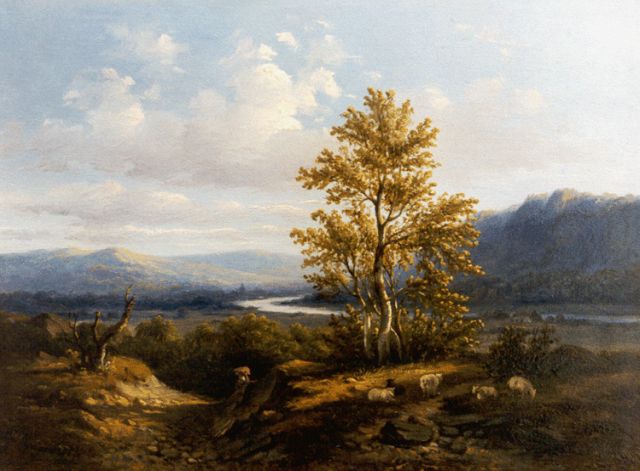 Wijngaerdt A.J. van | A Rhine landscape with grazing sheep, oil on panel 19.3 x 26.3 cm, signed l.l.