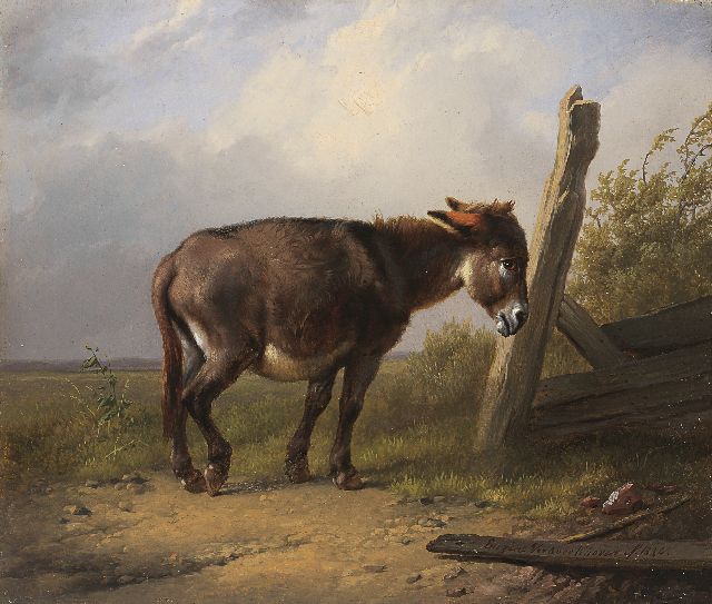 Verboeckhoven E.J.  | A donkey at rest by a fence, oil on panel 14.1 x 16.6 cm, signed l.r. and painted 1838