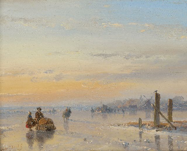 Schelfhout A.  | Figures with a sledge and skater on a frozen waterway, oil on panel 11.6 x 14.8 cm, signed l.l. and on the reverse