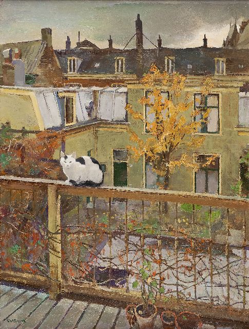 Dom P.L.C.  | A cat on a balcony, oil on canvas 80.0 x 60.0 cm, signed l.l.