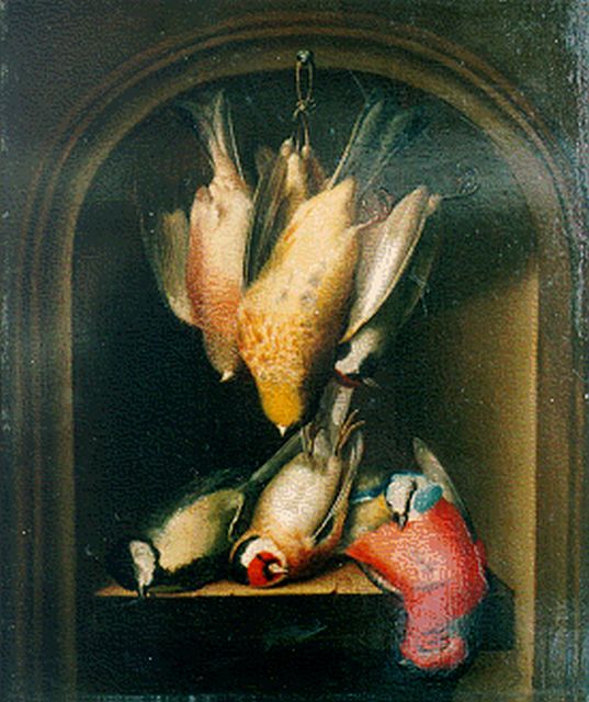 Sturmer E.  | Still life with dead birds in a niche, oil on panel 31.8 x 27.1 cm, signed l.l. and dated 1828
