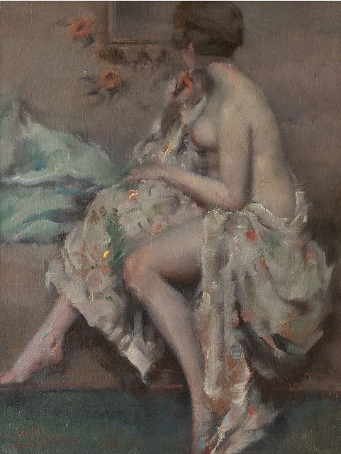 Moreau H.  | A young woman making her toilet, oil on panel 35.2 x 26.9 cm, signed l.l.