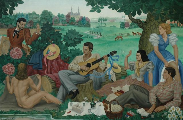 Omer van de Weyer | Picknick under the tree, oil on canvas, 100.0 x 149.5 cm, signed l.l.