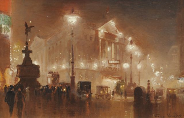George Hyde-Pownall | Evening on Piccadilly Circus, London, oil on painter's board, 15.2 x 23.2 cm, signed l.r.