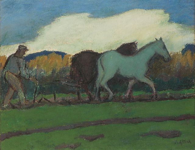 Jan Altink | Ploughing the fields, wax paint on canvas, 55.0 x 70.1 cm, signed l.r. and painted ca. 1924-1928