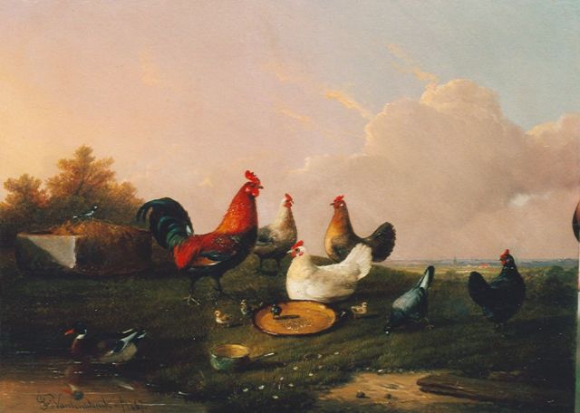 Frans van Severdonck | Poultry in a landscape, oil on panel, 17.7 x 24.1 cm, signed l.c. and dated 1869
