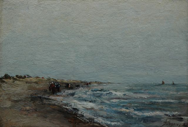 Wijsmuller J.H.  | Fisher folk on a beach, oil on canvas laid down on panel 18.2 x 26.3 cm, signed l.r.