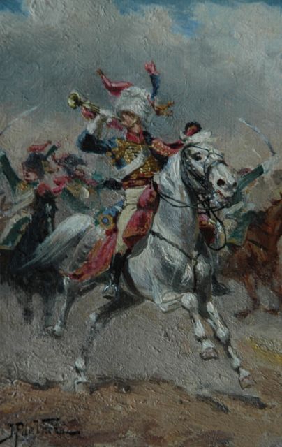 Justus Pieter de Veer | Cavalery on their horses, oil on paper, 14.4 x 9.8 cm, signed l.l.