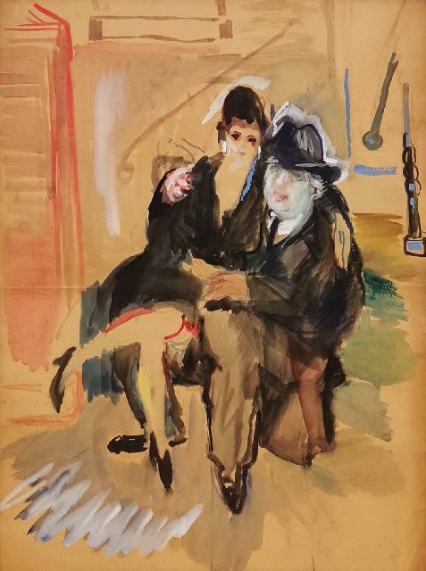 Martens G.G.  | A couple on a chair, gouache on paper 85.6 x 64.6 cm