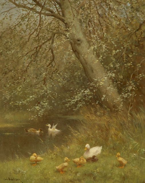 Constant Artz | A family of ducks near a pond, oil on panel, 50.1 x 40.2 cm, signed l.l.