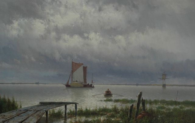 Koekkoek J.H.B.  | Moored barges at sunset, oil on canvas 33.2 x 52.0 cm, signed l.l.