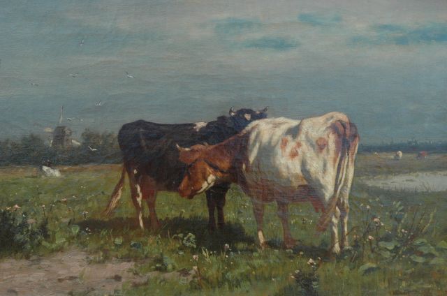 Haas J.H.L. de | Two cows in a meadow, oil on canvas 30.3 x 45.6 cm