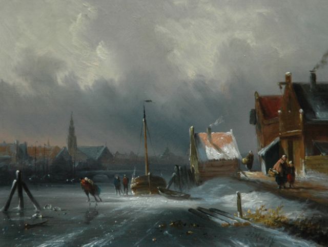 Morel II J.E.  | A frozen canal with skaters, oil on panel 15.3 x 20.5 cm, signed l.r.