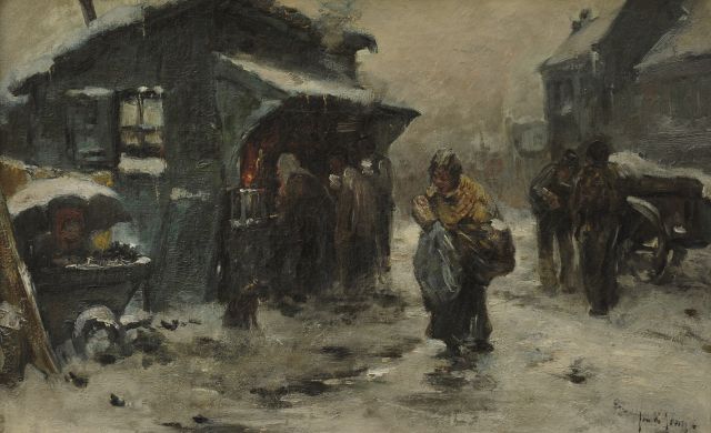 Jong J. de | Village street in winter, oil on canvas 31.9 x 50.5 cm, signed l.r.