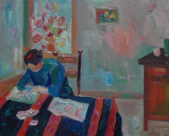 Dirk Breed | Interior with Lia, oil on canvas laid down on board, 35.0 x 43.0 cm, signed u.r. with initials