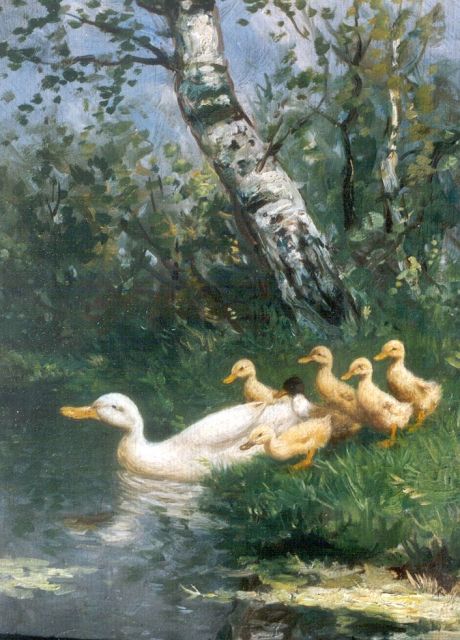 Constant Artz | Hen and ducklings watering, oil on panel, 24.1 x 17.8 cm, signed l.r.