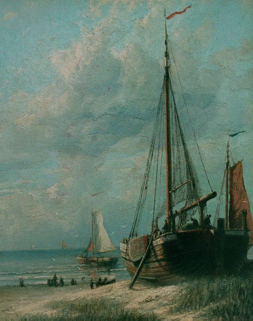 Miedema R.  | A 'bomschuit' on the beach of Scheveningen, oil on canvas 51.0 x 40.5 cm, signed l.r. and dated 1894
