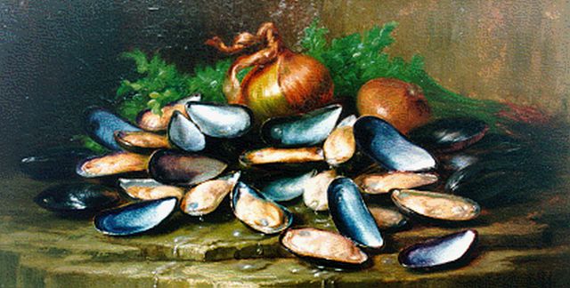 Edward van Ryswyck | A still life with mussels and onions, oil on canvas, 28.5 x 52.3 cm, signed l.r.