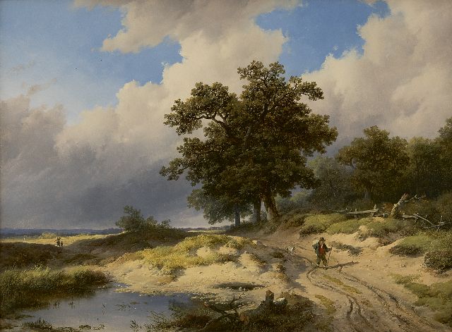 Haanen R.A.  | A traveller in a wooded landscape, oil on panel 33.5 x 45.2 cm, signed l.r. and dated 1848