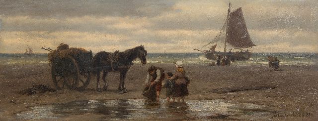 Koekkoek J.H.B.  | Shell fisherman and family on the beach, oil on canvas 24.2 x 62.7 cm, signed r.l.