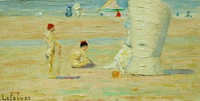 Lefebvre A.  | A summer day at the beach of Noordwijk, oil on canvas laid down on board 10.0 x 18.0 cm, signed l.l.