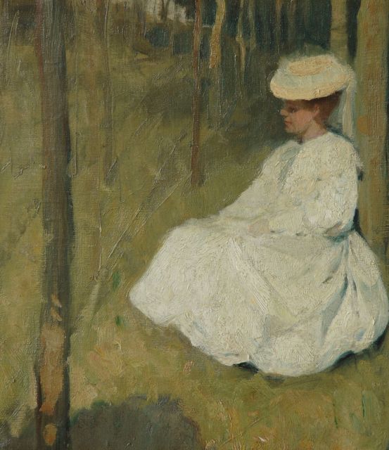 Alfred Jonniaux | Seated lady in a parc, oil on canvas, 34.3 x 30.3 cm
