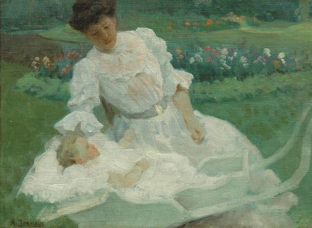 Jonniaux A.  | Mother and child in a garden, oil on canvas laid down on panel 29.6 x 40.0 cm, signed l.l.