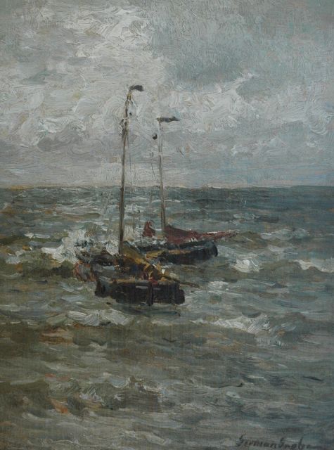 Grobe P.G.  | Two barges at sea, oil on canvas laid down on panel 35.4 x 26.8 cm, signed l.r.