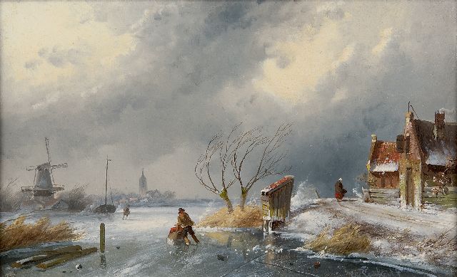 Charles Leickert | Winter landscape with skaters and a sledge, oil on panel, 16.2 x 26.2 cm, signed l.r.