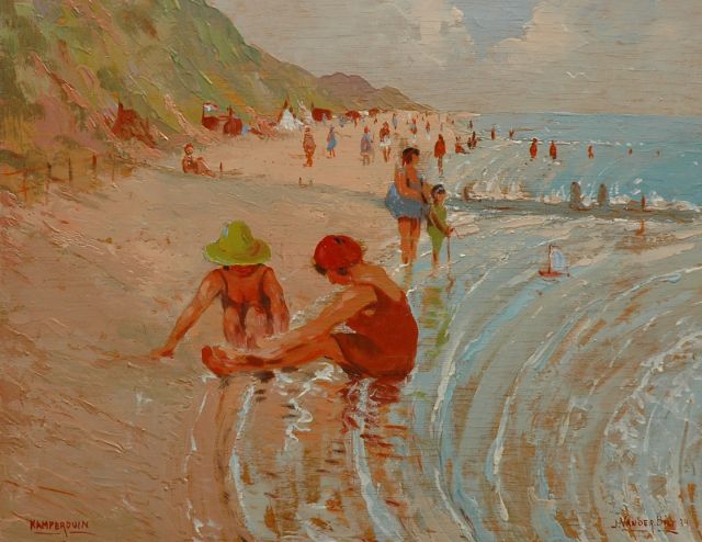 Bilt J.F.W. van der | Children playing on the beach of Kamperduin, oil on panel 34.7 x 45.0 cm, signed l.r. and dated '34