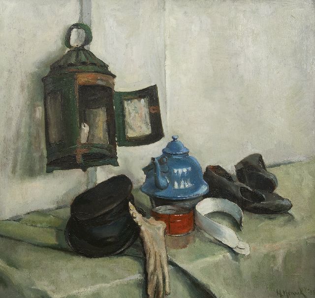 Munnik A.H.  | A still life with a lantern and kettle, oil on panel 70.0 x 73.3 cm, signed l.r. and dated '35