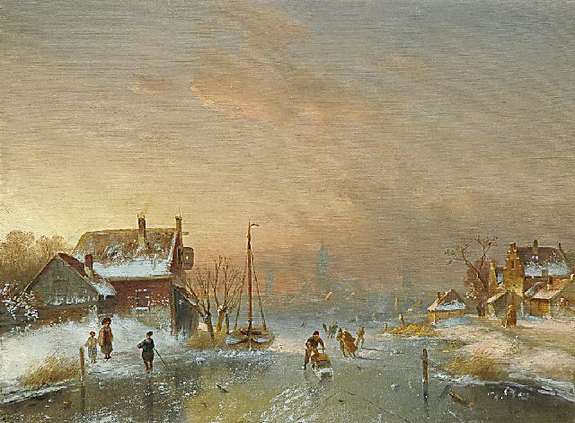 Charles Leickert | Skaters on a frozen river, oil on canvas, 40.7 x 54.3 cm, signed l.r. indistinctly signed