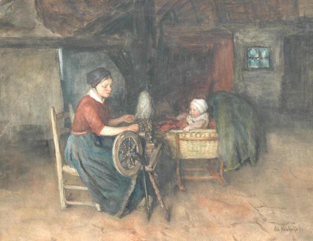 Albert Neuhuys | Young farmer's wife at the spinning wheel with her baby in a cradle, watercolour on paper laid down on board, 52.3 x 67.5 cm, signed l.r.