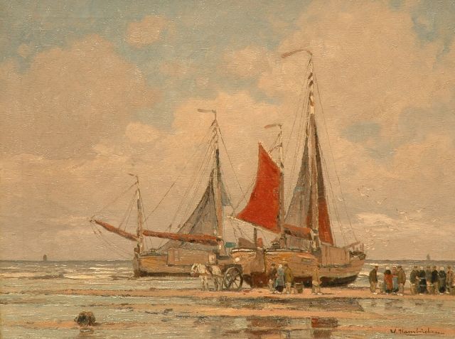 Hambüchen W.  | Unloading the catch, Katwijk, Holland, oil on canvas 60.6 x 80.4 cm, signed l.r.