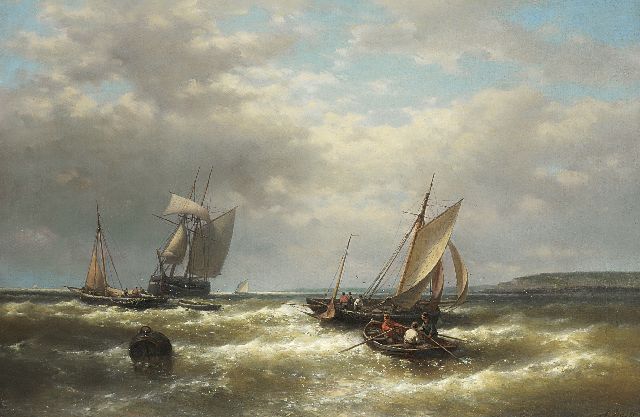 Hulk A.  | Sailing boats off the coast in stormy weather, oil on canvas 61.7 x 93.0 cm, signed l.r.