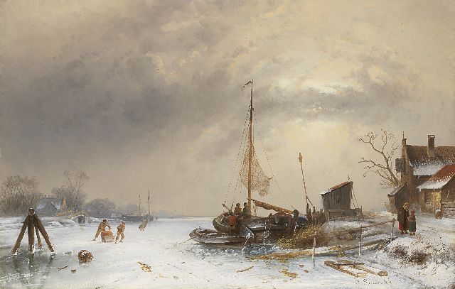 Leickert C.H.J.  | Winter landscape with skaters on a frozen river, oil on panel 35.0 x 54.4 cm, signed l.r.