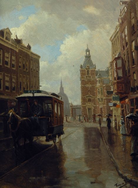 Tinus de Jongh | The Leidsestraat in Amsterdam with the Stadsschouwburg in the distance, oil on canvas, 40.2 x 30.3 cm, signed l.r.