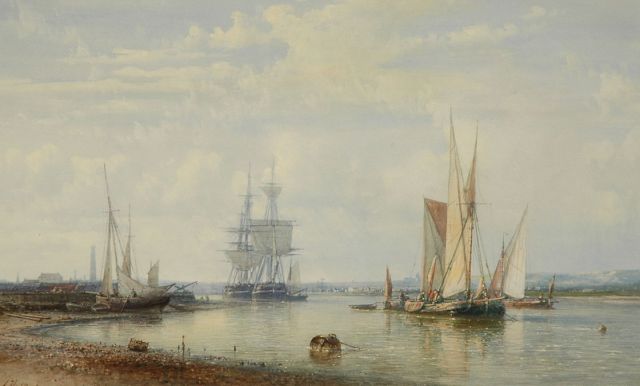 Abraham Hulk | Sailing ships in calm waters, watercolour on paper, 24.7 x 40.7 cm, signed l.l.