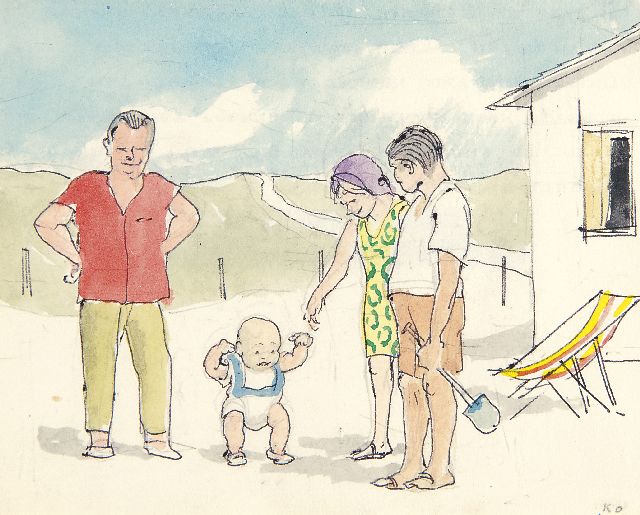 Kamerlingh Onnes H.H.  | The first steps on the beach, watercolour on paper 11.5 x 14.3 cm, signed l.r. with initials